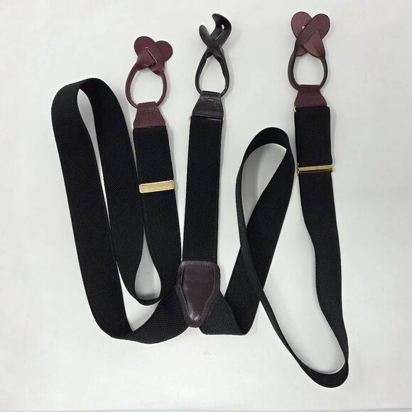VINTAGE CAS WEST GERMANY BLACK BROWN LEATHER STRETCH ADJUSTABLE SUSPENDERS - Picture 1 of 4